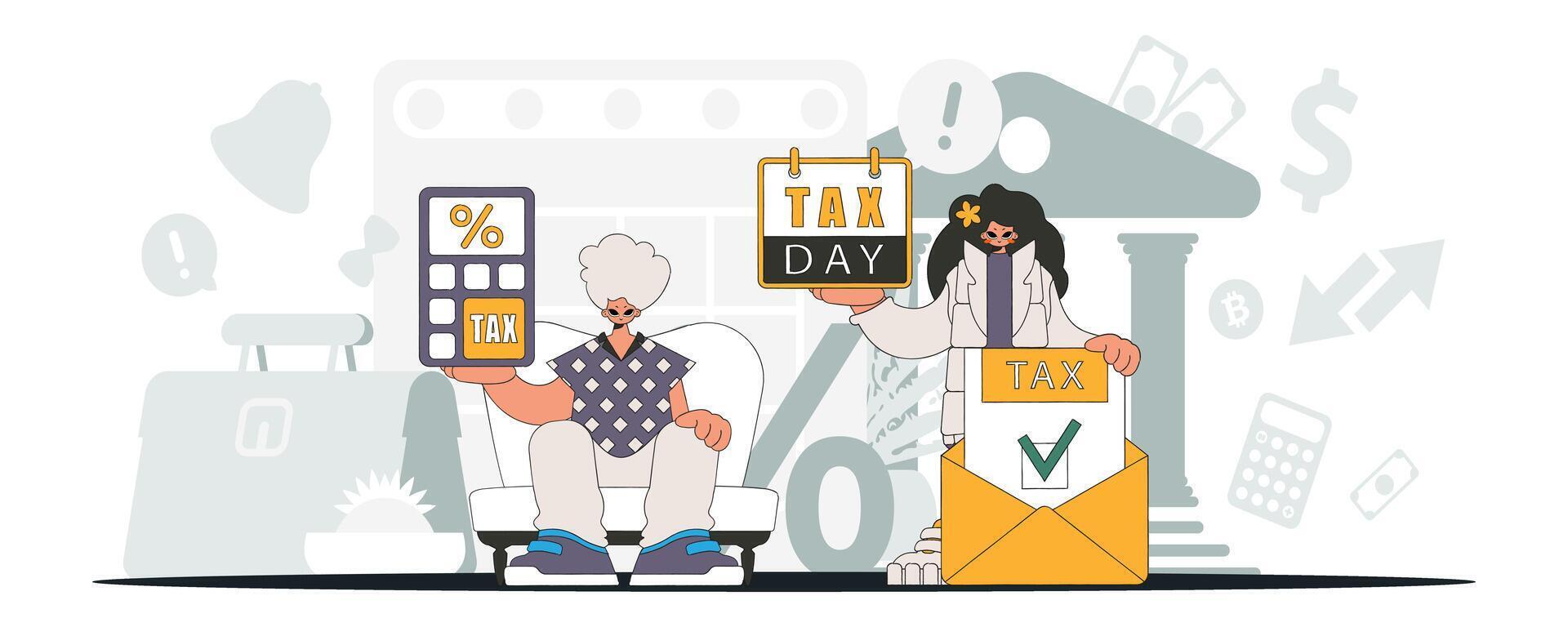 Elegant guy and girl demonstrate paying taxes. Graphic illustration on the theme of tax payments. vector
