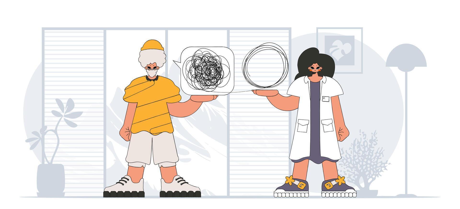 Topic Help A person consumed by a sense of hopelessness and despair. The specialist unpacks the tangle of thoughts. The patient shows that he is trying to understand something. vector