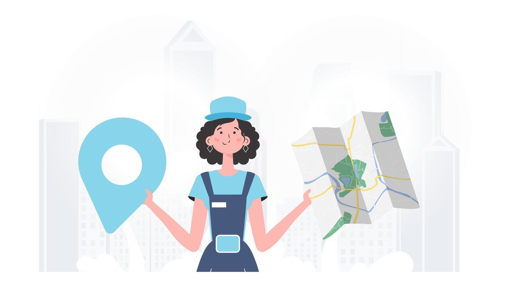 The girl is holding a map. The stylish character is depicted to the waist. . vector