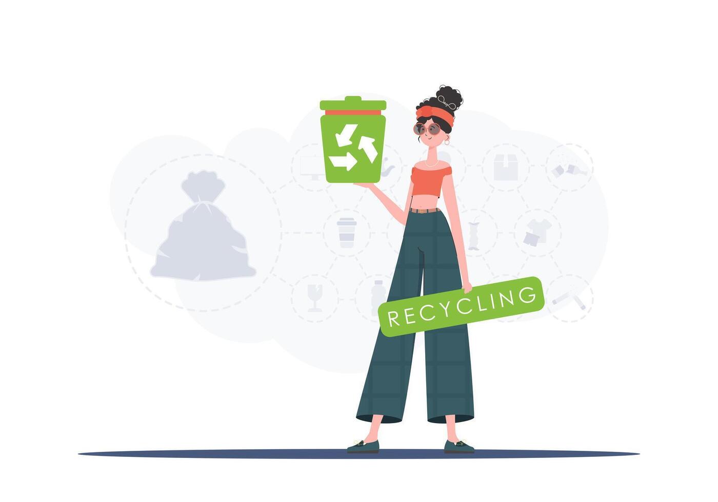 The concept of ecology and recycling. The girl is holding an urn in her hands. Trendy character style. Vetcor. vector