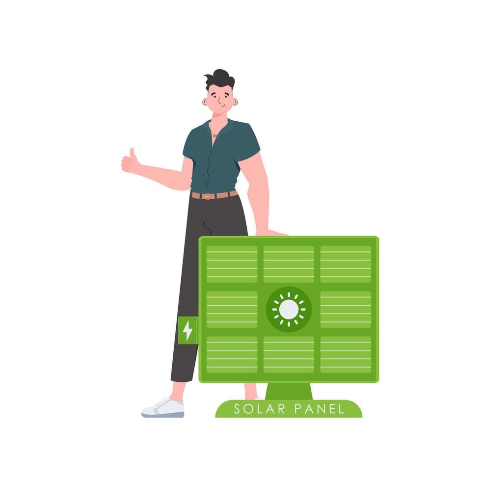 The guy is standing near the solar panel. Green energy concept. Isolated. trendy style. illustration. vector