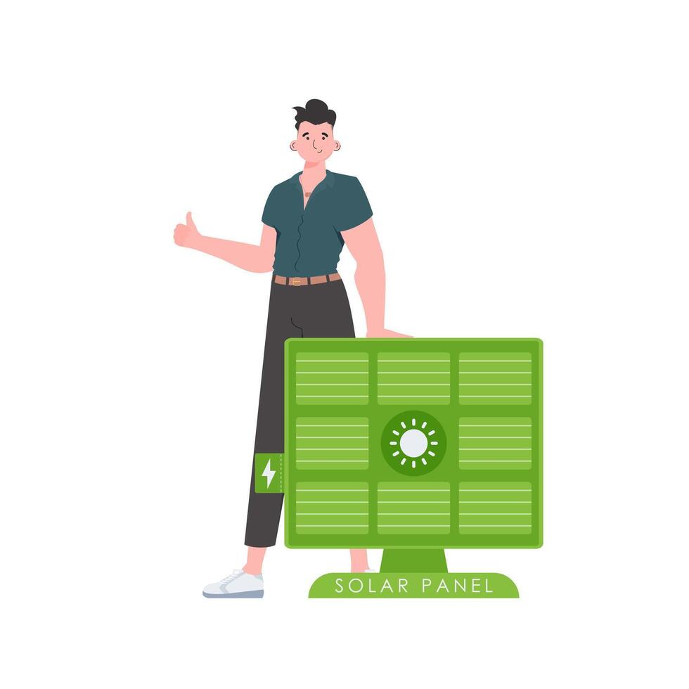 The guy is standing near the solar panel. Green energy concept. Isolated. trendy style. Vector illustration.