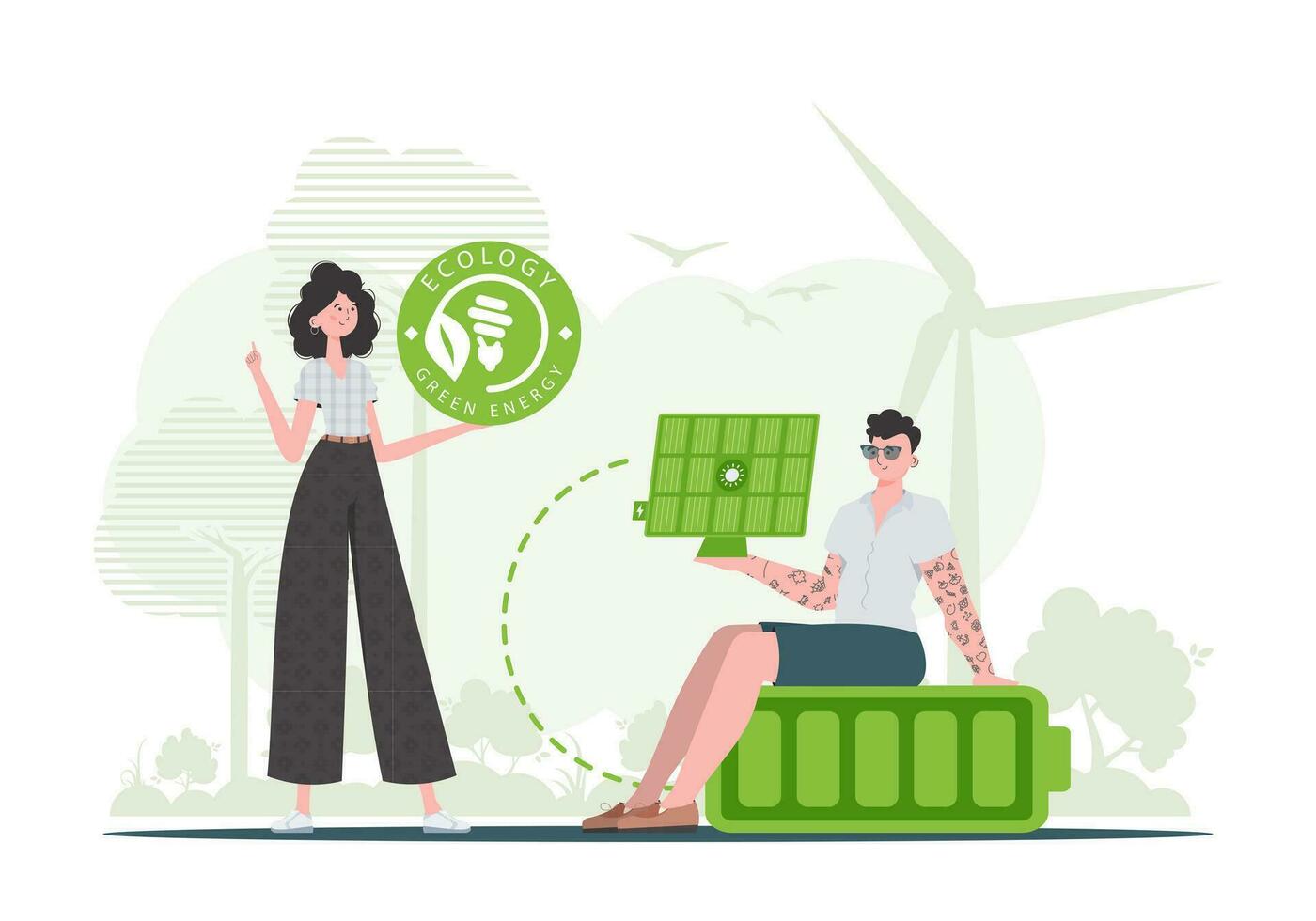 Woman and Man and solar panel. The concept of solar energy. Vector. vector