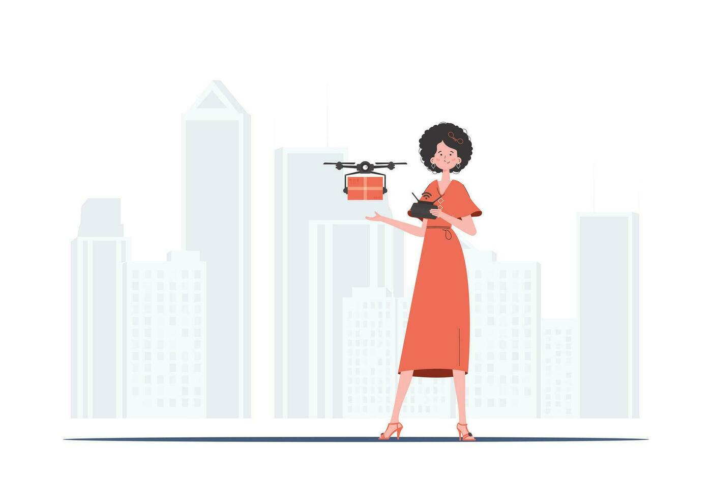 A woman controls a drone with a parcel. Delivery theme. trendy style. Vector illustration.