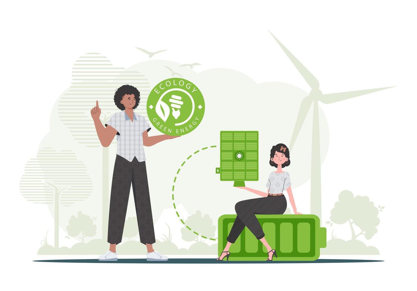 Boy and girl and solar panel. Eco energy concept. . vector