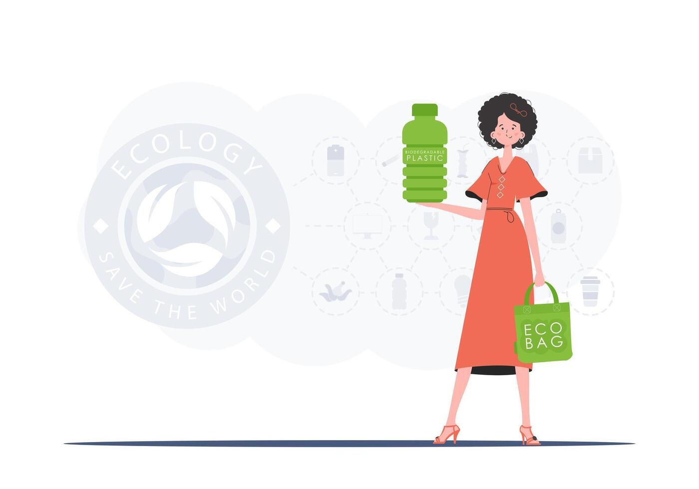 Concept of green world and ecology. The girl holds a bottle made of biodegradable plastic in her hands. Trend style. illustration. vector