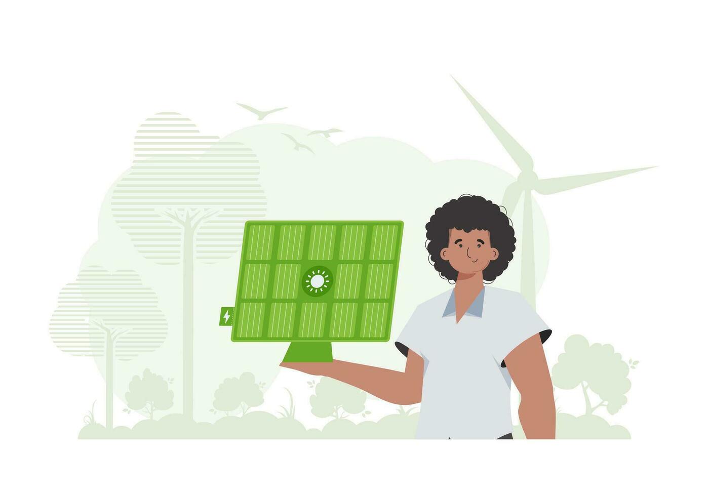 Eco energy concept. A man holds a solar panel in his hand. trendy style. Vector illustration.