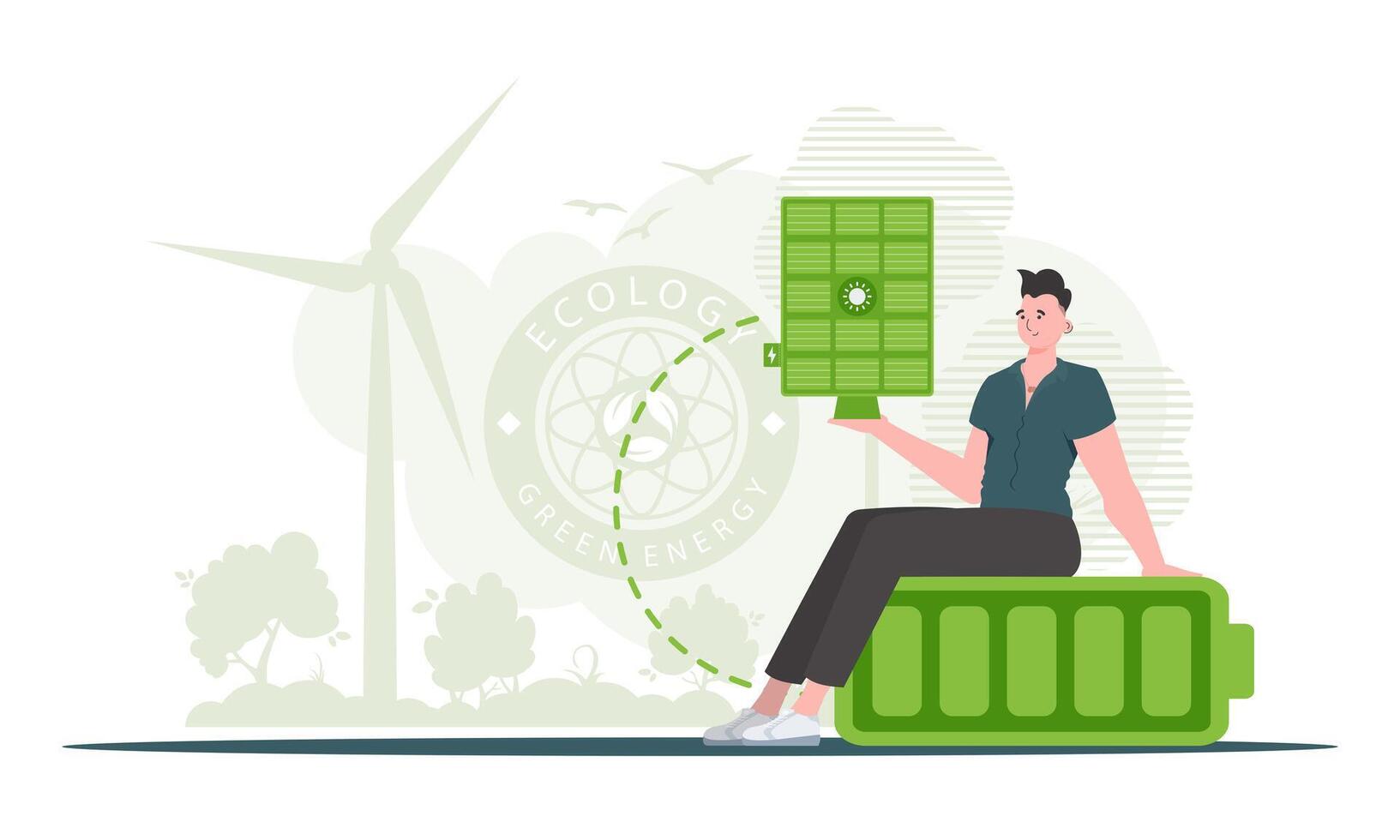 Green energy concept. A man sits on a battery and holds a solar panel in his hands. trendy style. Vector illustration.