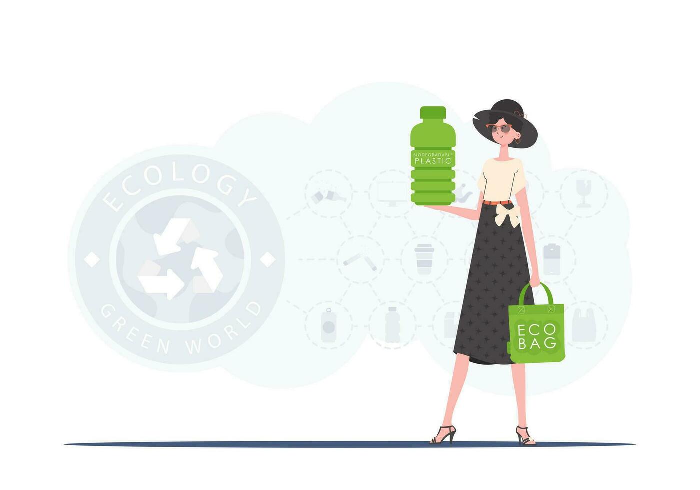 el concepto de ecología y cuidado para el ambiente. el niña sostiene un botella hecho de biodegradable el plastico en su manos. tendencia estilo.vector ilustración. vector