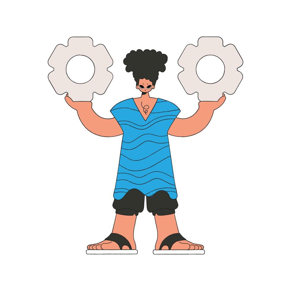 Attractive man holding gears in his hands. Idea theme. vector