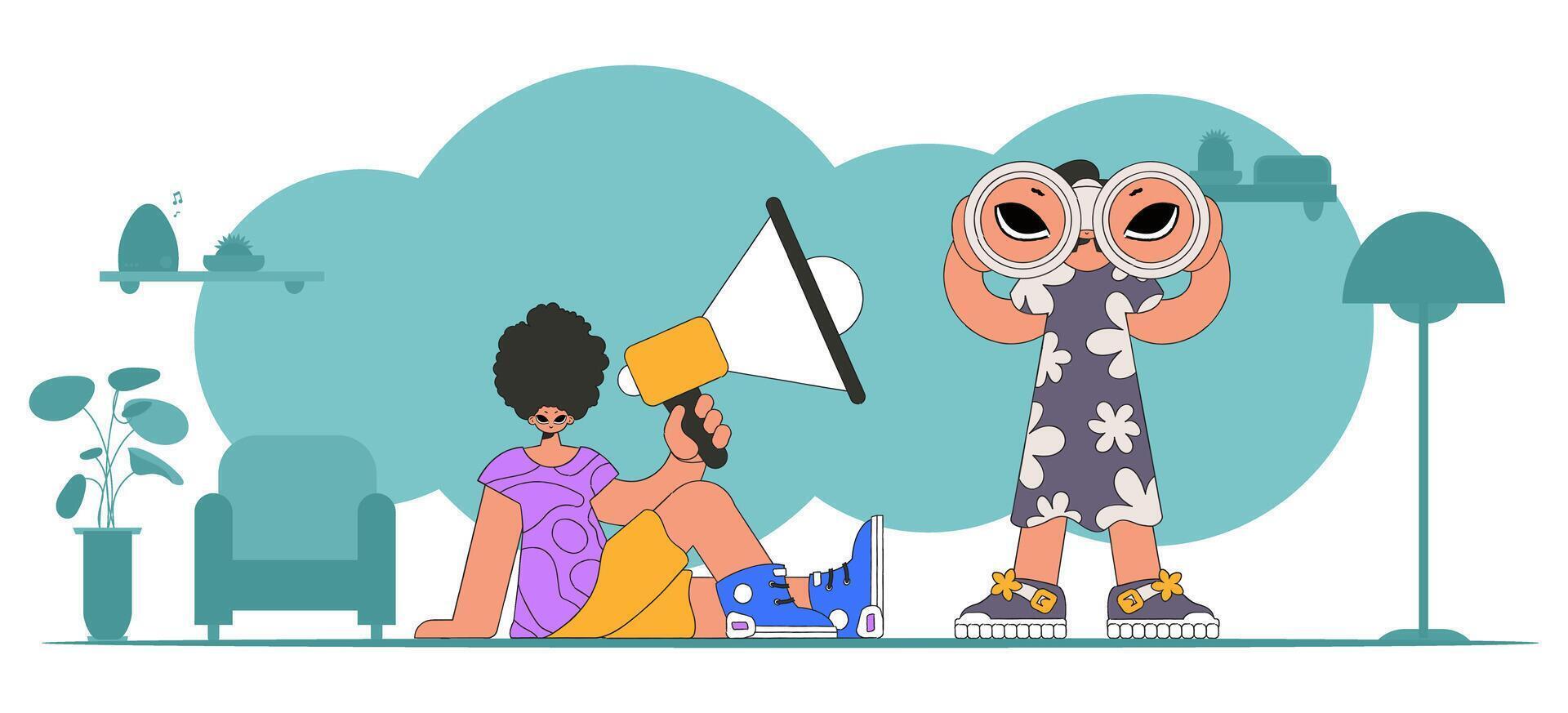 Stylized illustration of HR representative team. A young girl sits in a chair and holds a megaphone in her hand. vector