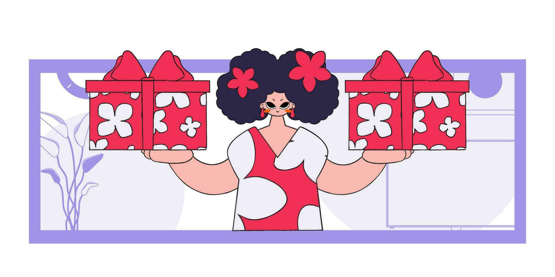 el concepto de el fiesta y regalos. un mujer sostiene dos regalos en su manos. personaje en el estilo de el años 90 vector