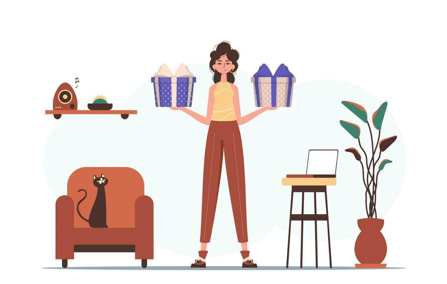 Gift concept for christmas or new year. A woman holds a gift box in her hands. vector