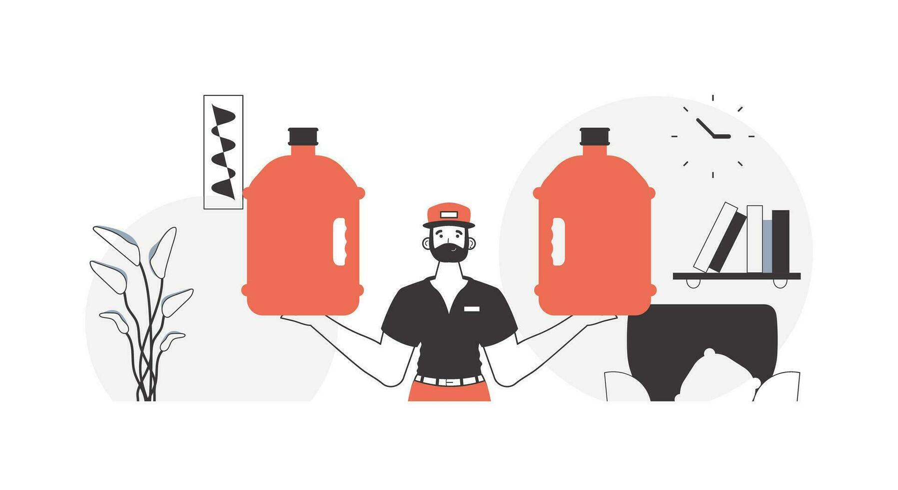 Deliveryman. with a large bottle of water in hand. Water delivery concept. Linear modern style. vector