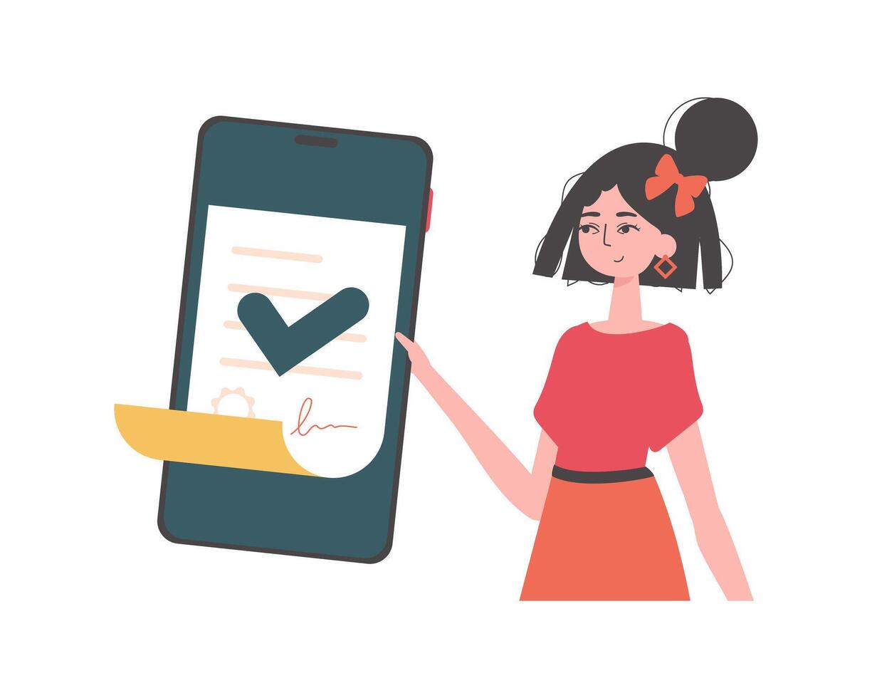 The girl is holding a document. Data protection. Smart contract. Modern trendy style. vector