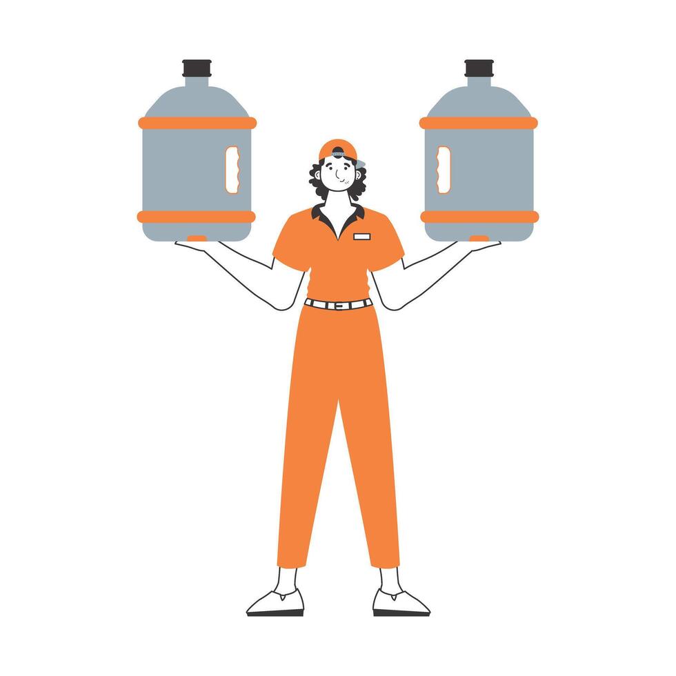 Water delivery concept. The guy is holding a bottle of water in his hands. Linear modern style. vector