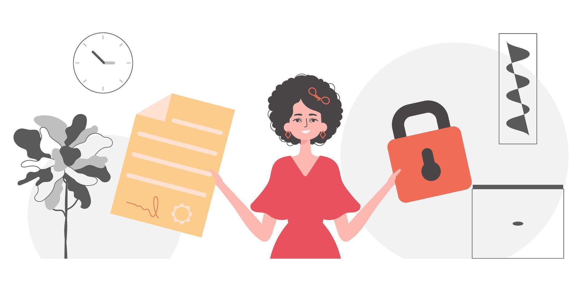 Smart contract concept. Data protection. A woman is holding a contract or document. vector