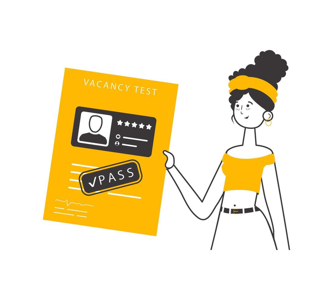 The girl passed the test for a job. Lineart minimalistic style. Isolated. Vector illustration.