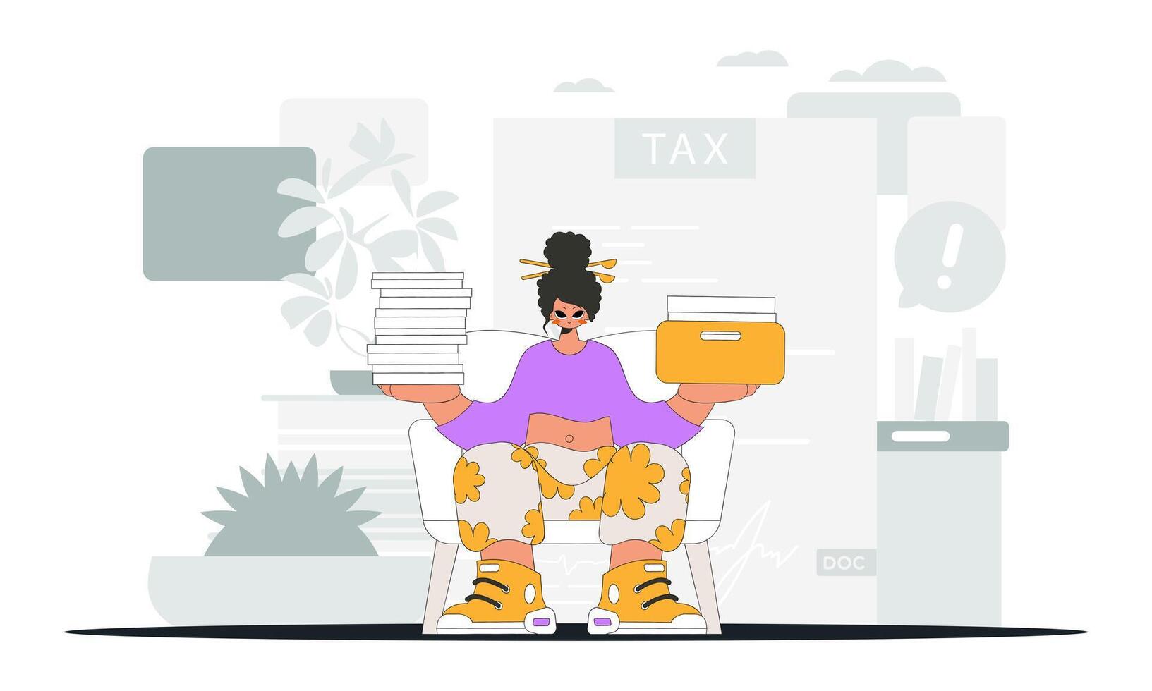 A graceful woman holds in her hands a stack of documents. An illustration demonstrating the importance of paying taxes for economic development. vector