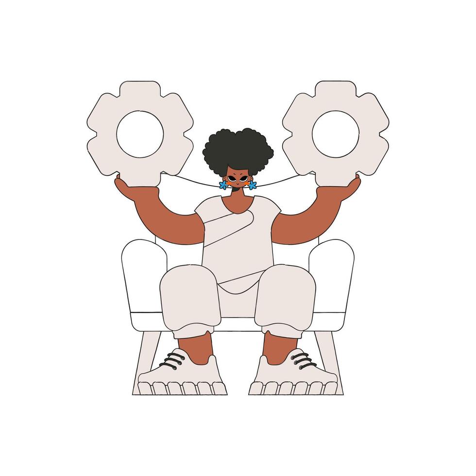 An elegant woman is holding gears. Idea theme. vector