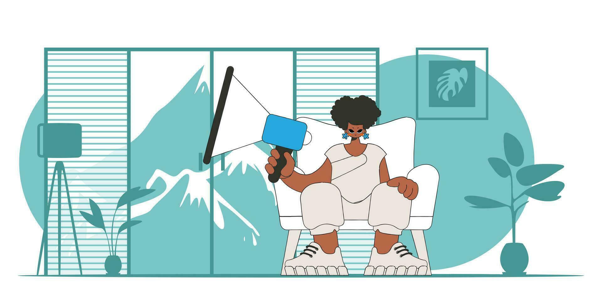 estilizado vector ilustración de un hora representante. un joven niña se sienta en un silla y sostiene un megáfono en su mano.