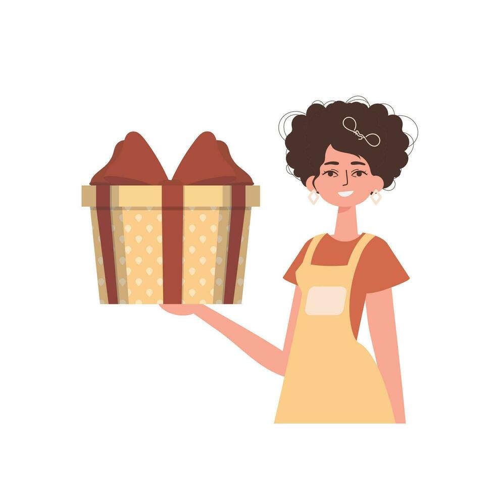 The girl is holding a festive gift box. Modern flat vector illustration.