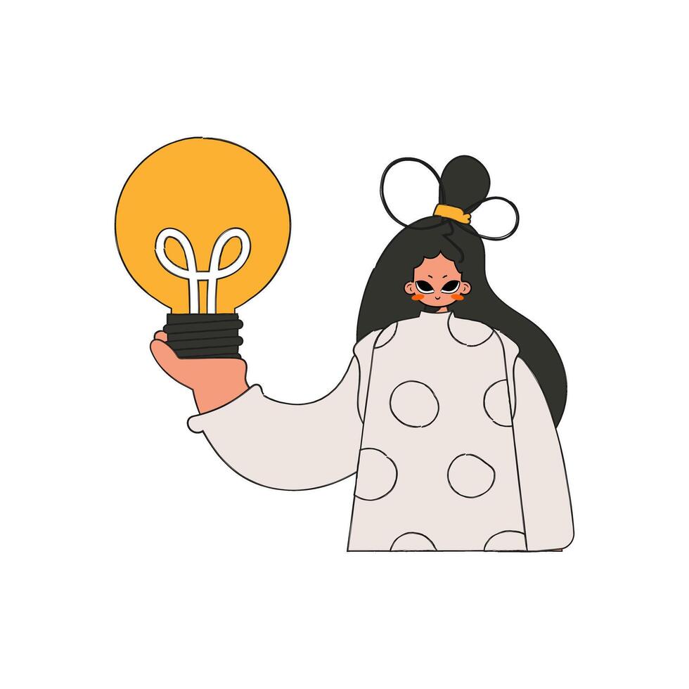 An elegant girl is holding a light bulb. Idea theme. vector