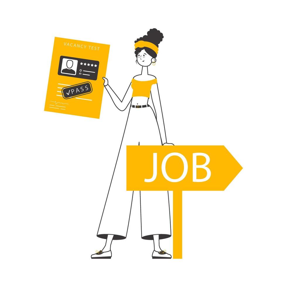 The girl passed the job test. Minimalistic linear style. Isolated. Vector illustration.