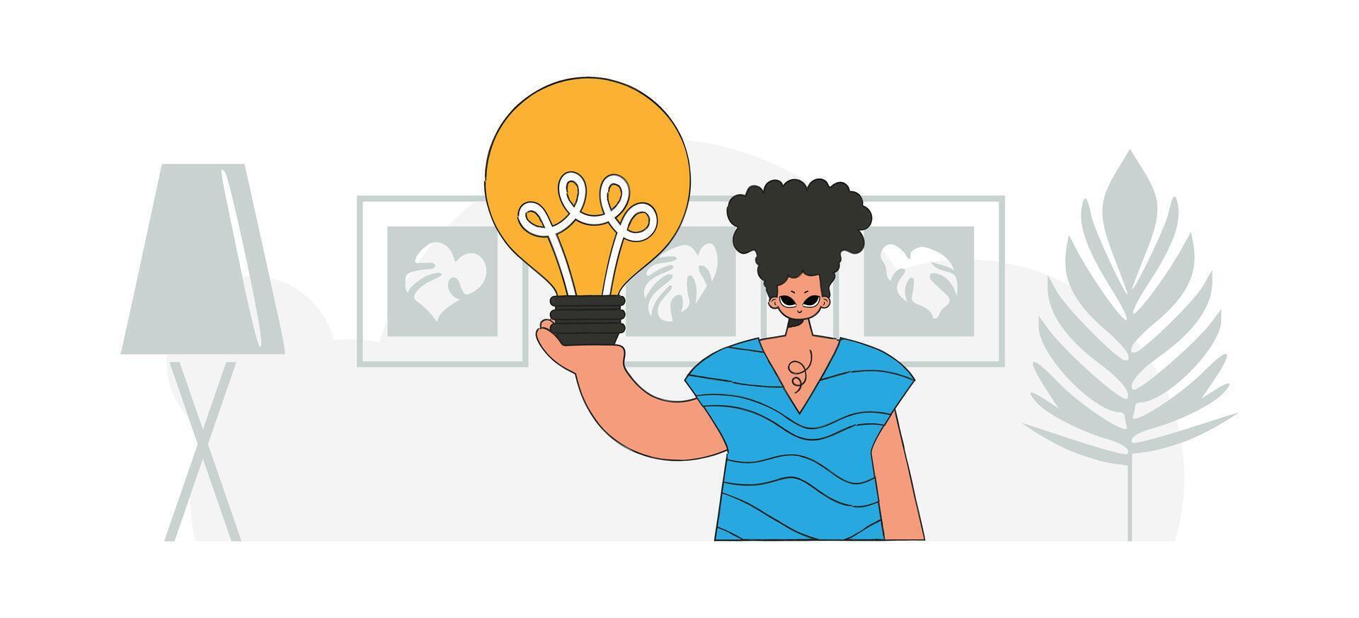 A fashionable guy holds a light bulb in his hands. Illustration on the theme of the appearance of an idea. vector