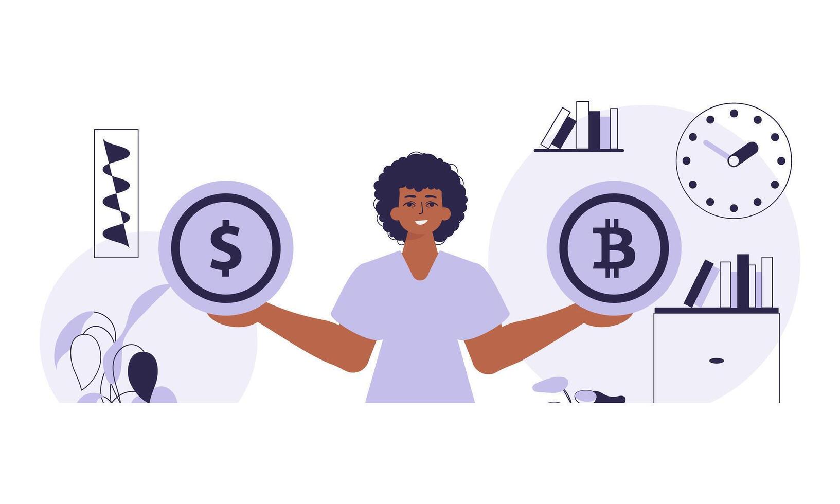 The concept of mining and extraction of bitcoin. A man holds a bitcoin and a dollar in his hands. Character in trendy style. vector