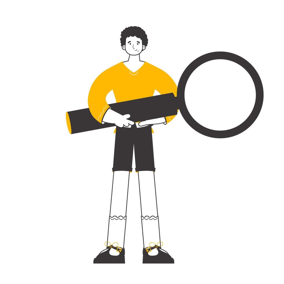 The guy is holding a magnifying glass in his hands. Modern linear style. Isolated. Vector illustration.
