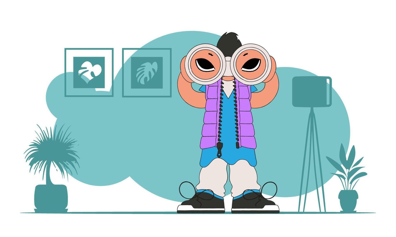 Looking for a company of first-class employees. A young man looks through binoculars. vector