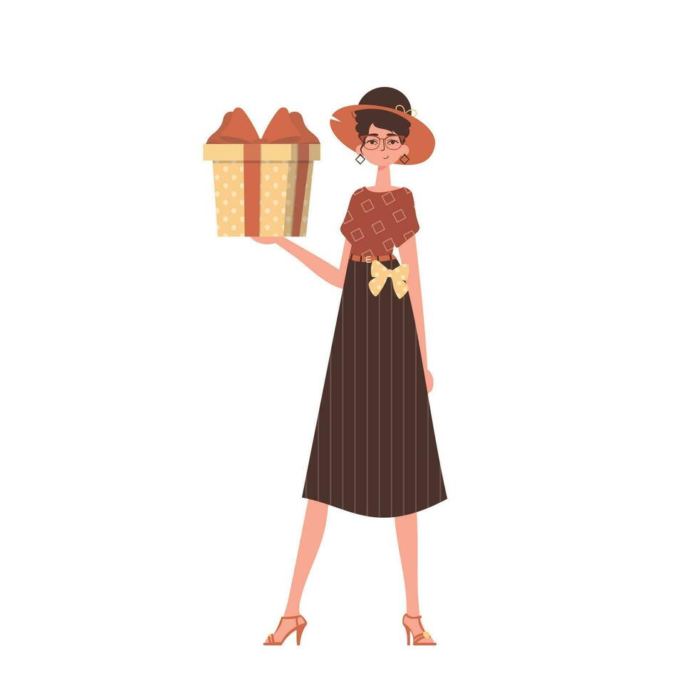 The woman is holding a gift. Modern character style. vector