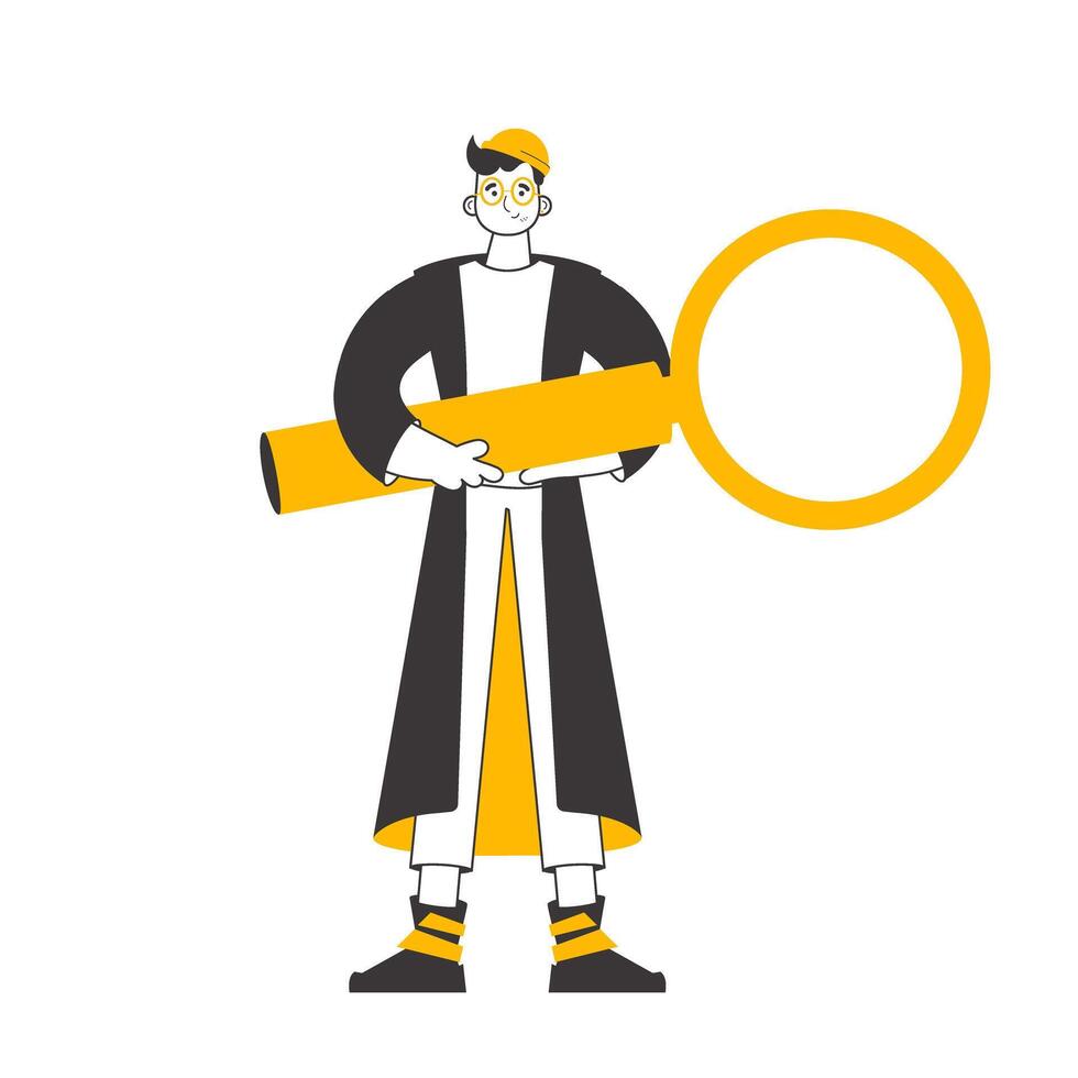 The guy is holding a magnifying glass in his hands. Minimalistic linear style. Isolated. Vector illustration.