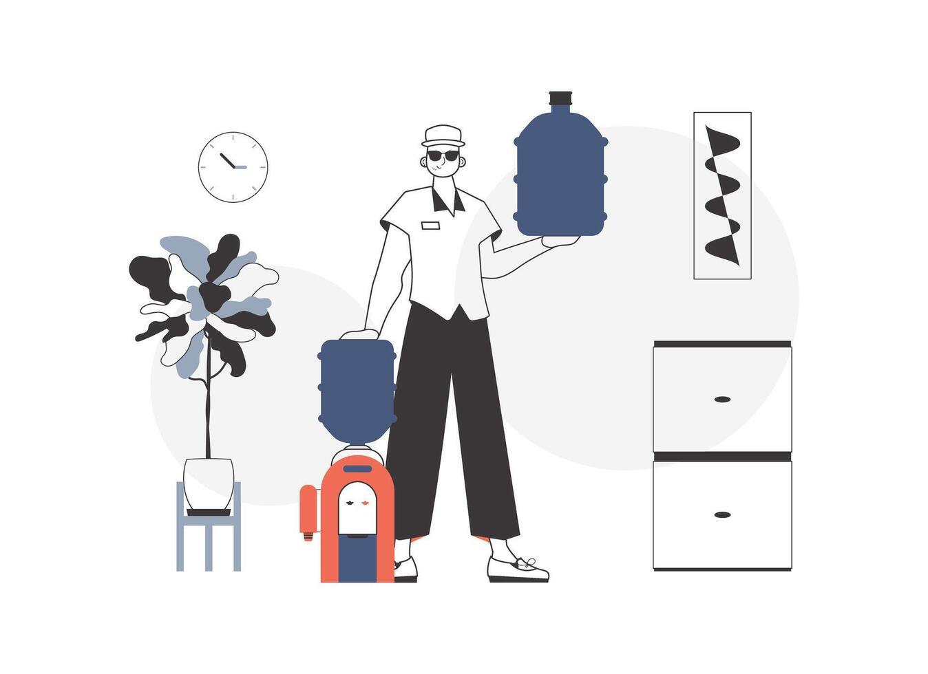 A man with a large bottle of water in his hands. Water delivery concept. Linear trendy style. vector