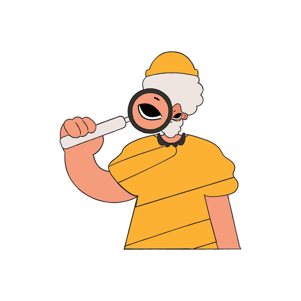 The guy is holding a magnifying glass in his hands. Search for the necessary information on the Internet. Retro style character. vector