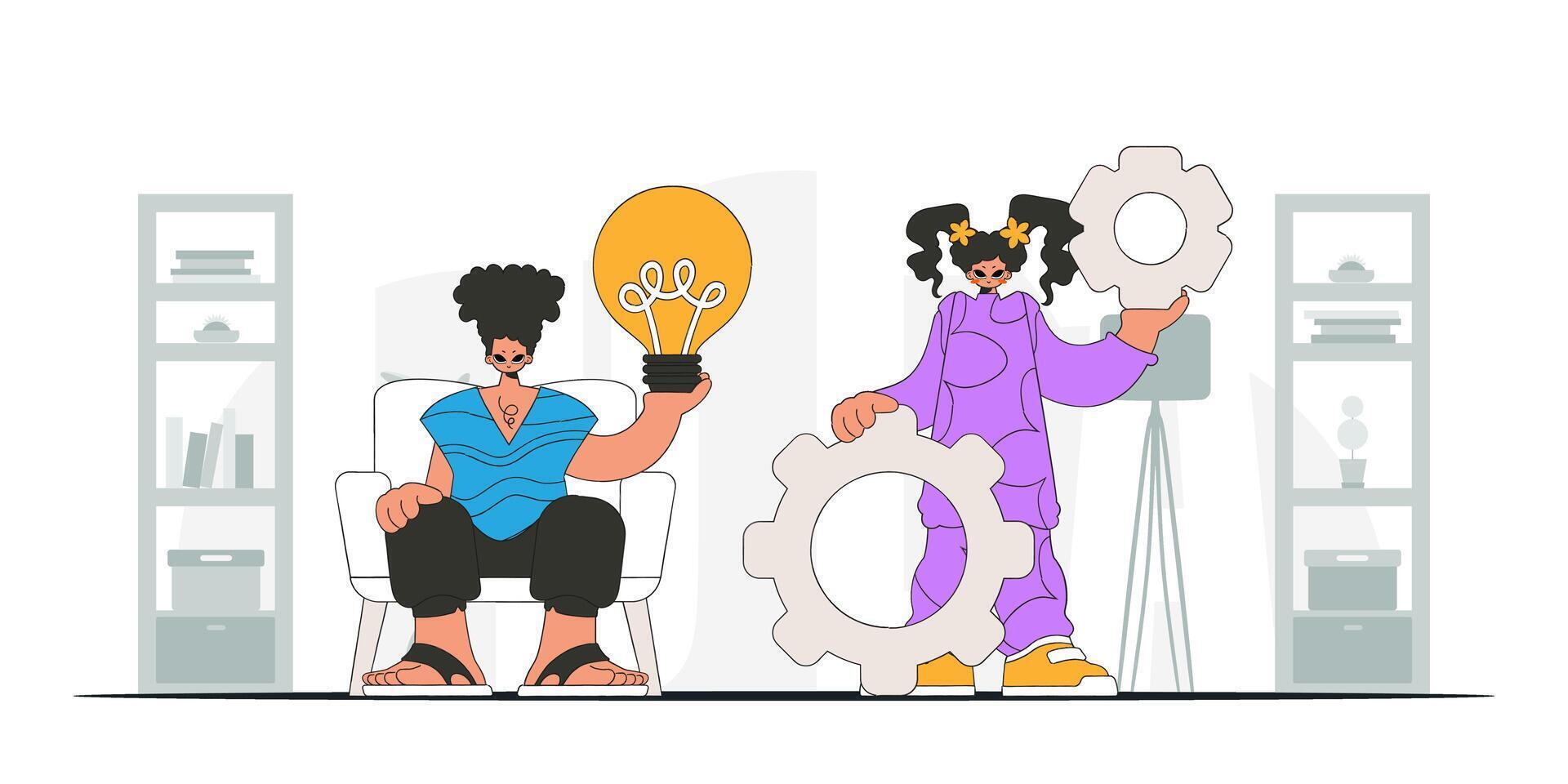 Attractive team generates ideas and solves problems. Light bulb and gears in their hands. Idea theme. Retro trendy style. vector