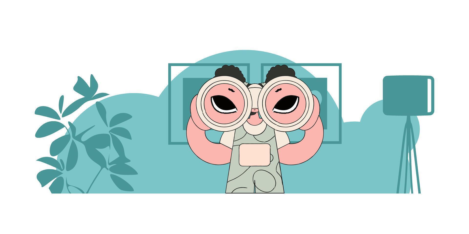Good for job postings and flyers. A young woman looks through binoculars. vector