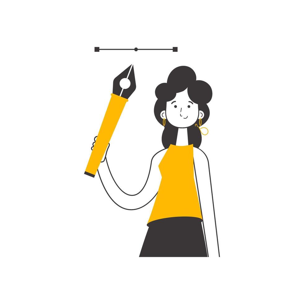 The girl designer holds a pen tool for 2D graphics in her hand. Linear trendy style. Isolated. illustration. vector