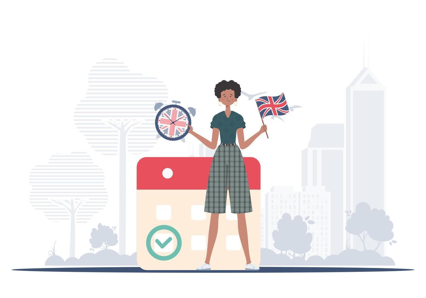 The concept of teaching English. Woman teacher shows that it's time to learn English. Trendy cartoon style. Vector illustration.