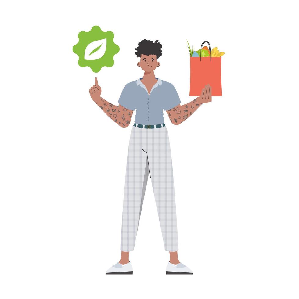 The guy is depicted in full growth and holds a package with healthy food in his hands and shows an icon. Isolated. Trend illustration. vector