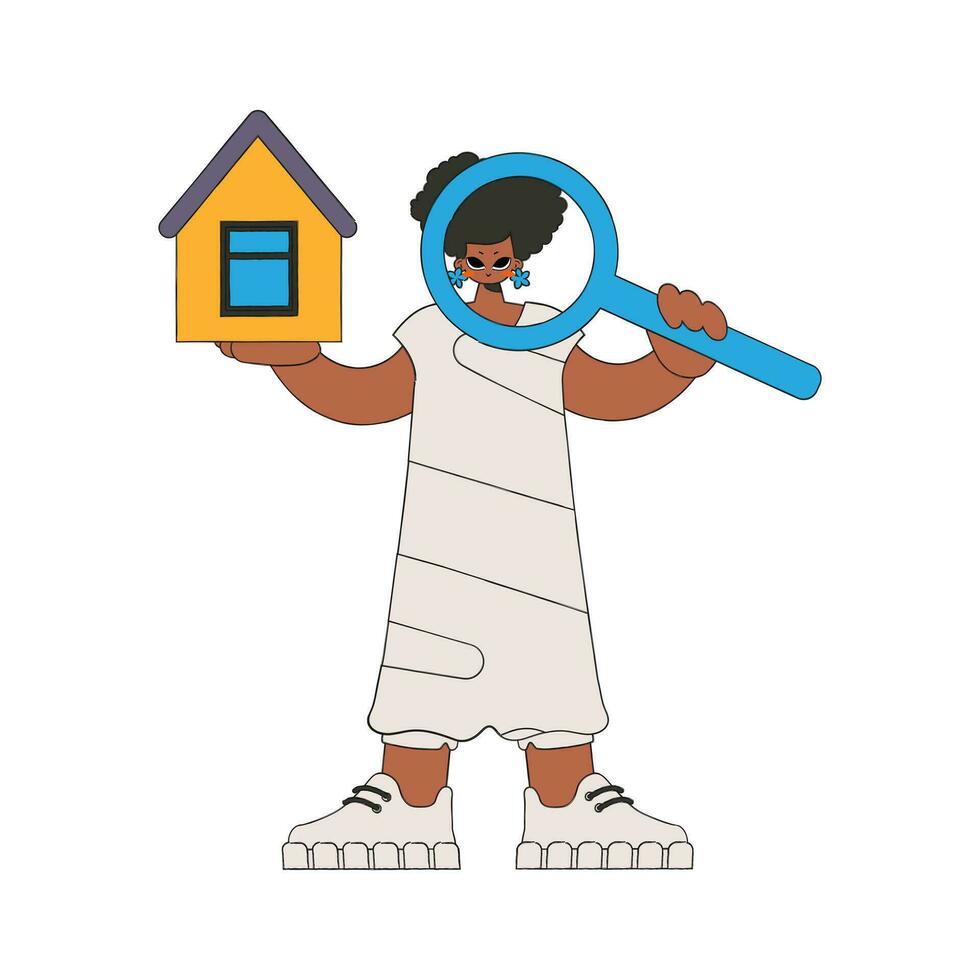 A woman realtor holds a house and a magnifying glass in her hands. House ownership. vector