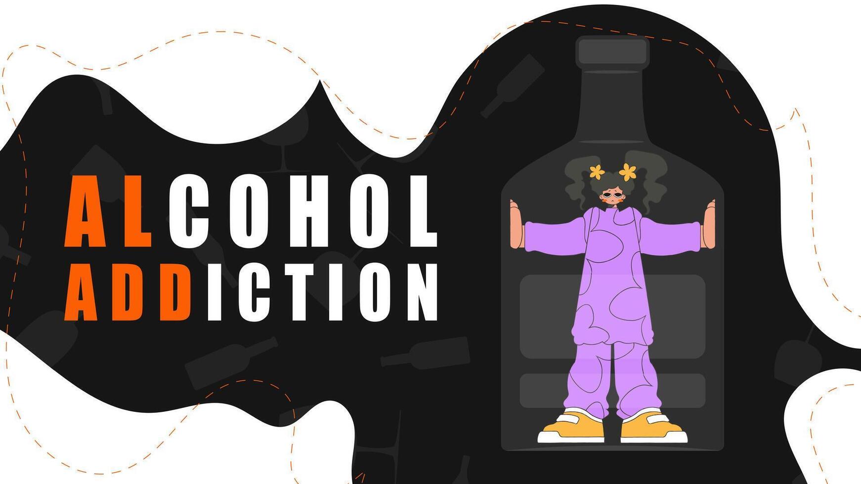 Banner Treatment for alcohol addiction. Girl inside the bottle. vector