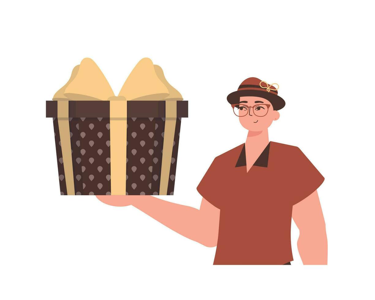 A man holds a festive gift box. Modern flat vector illustration.