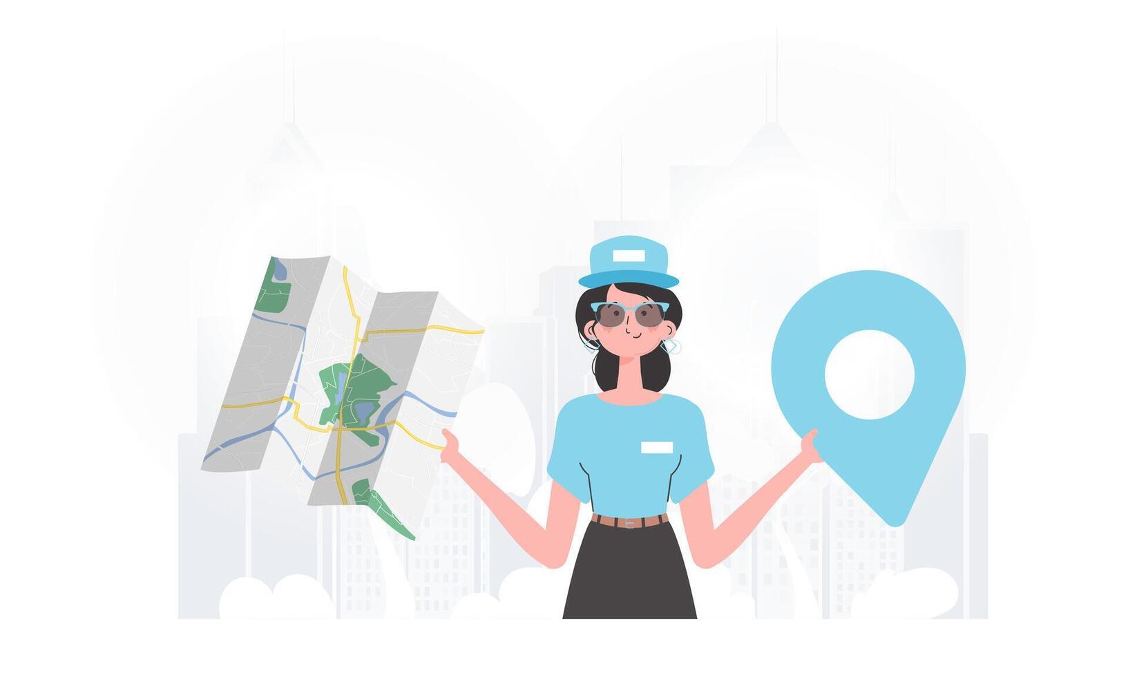 The girl is holding a map. Cartoon style character is depicted to the waist. . vector