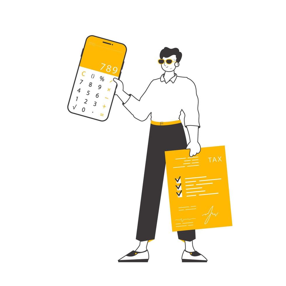 A man holds a calculator and a tax form in his hands. Linear trendy style. Isolated. Vector illustration.