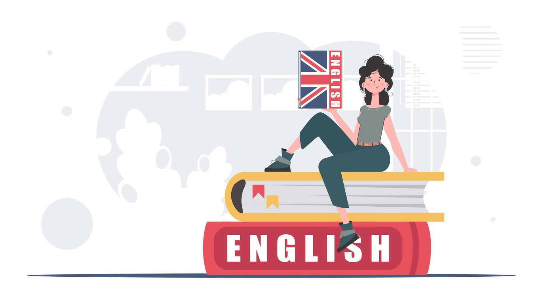 The concept of learning English. A woman sits on books and holds an English dictionary in her hands. Trendy cartoon style. Vector. vector