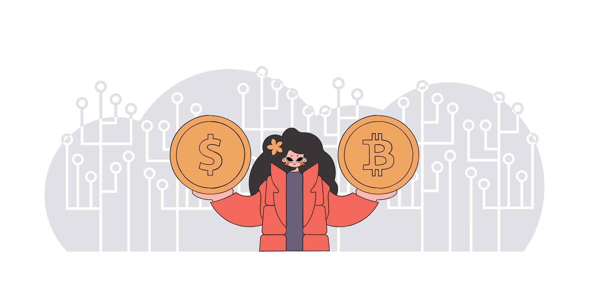 The girl is holding a dollar and bitcoin coin. Cryptocurrency and fiat exchange concept. vector