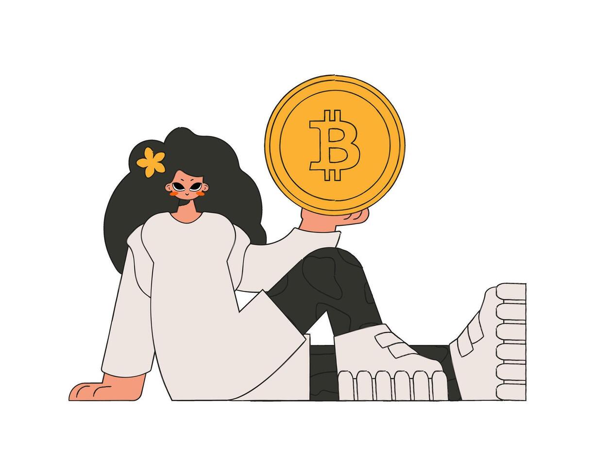 The girl is holding a bitcoin coin. Rentro style character. vector