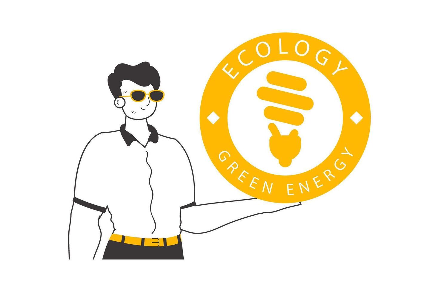 The guy holds the green energy logo in his hand. Linear trendy style. Isolated on white background. Vector illustration.